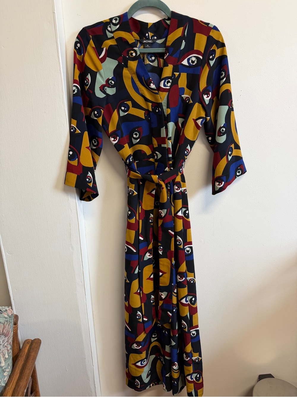 Monki XS Abstract Face Print Belted Wide Leg Jumpsuit